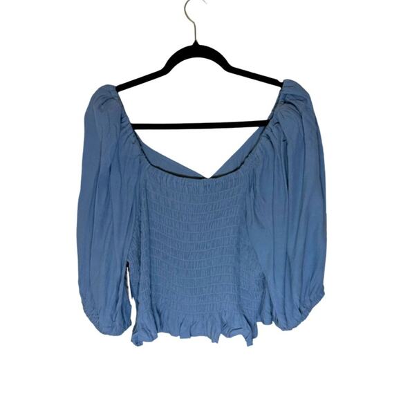 Open Edit Tie Front Puff Sleeve Blouse - Blue Chambray Size 2X - Picture 8 of 9